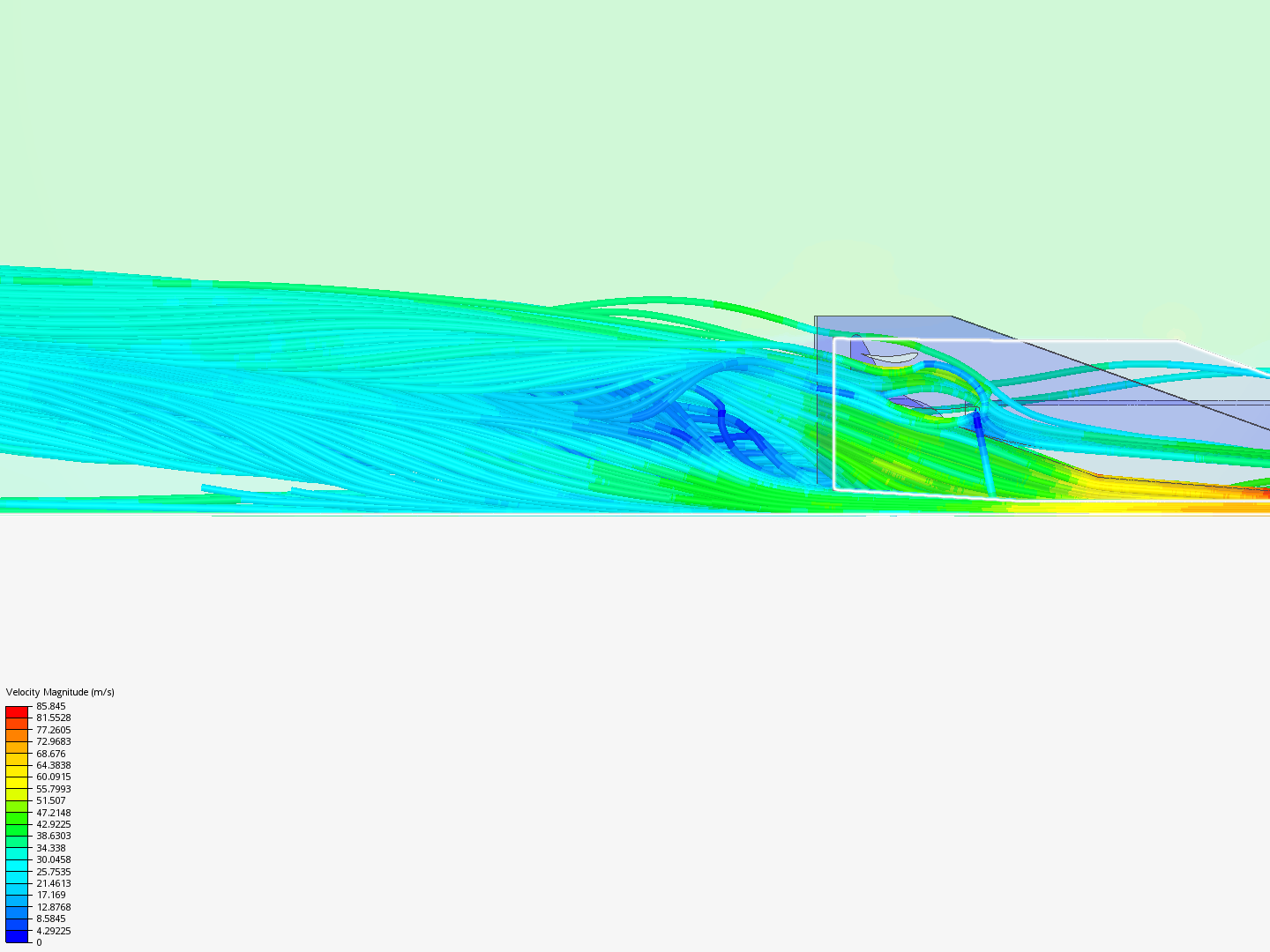 Test 85 Half car venturi rake 4.5 flap 1 425 5 deg  flap 2 250 0 deg 20 gaps raised pontoon 25mm (total 75mm clear) 50 mm ride 8 Feb 11:00 am image