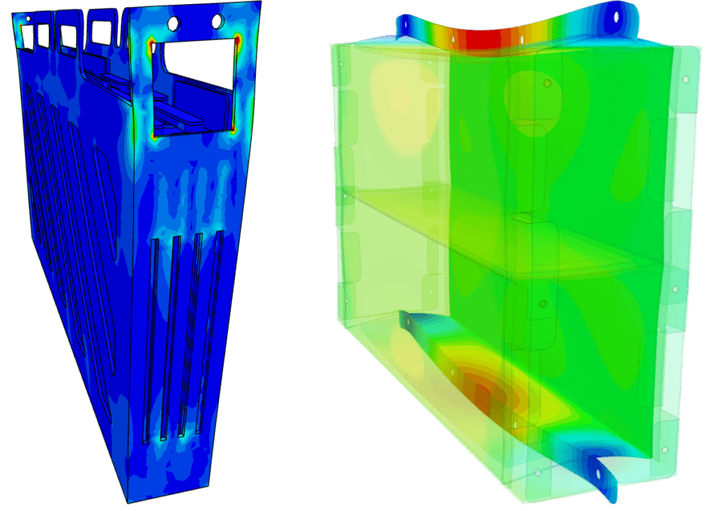 Two simulation images of a battery module and its casing showing stress and deformation results
