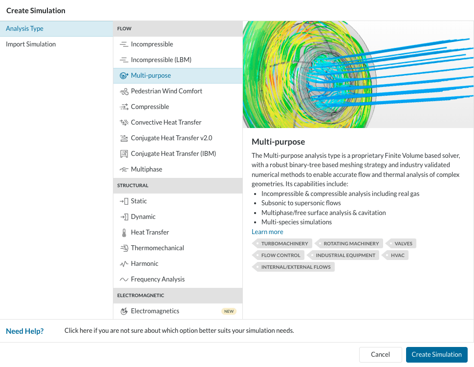 SimScale analysis type selection window highlighting the multi-purpose analysis