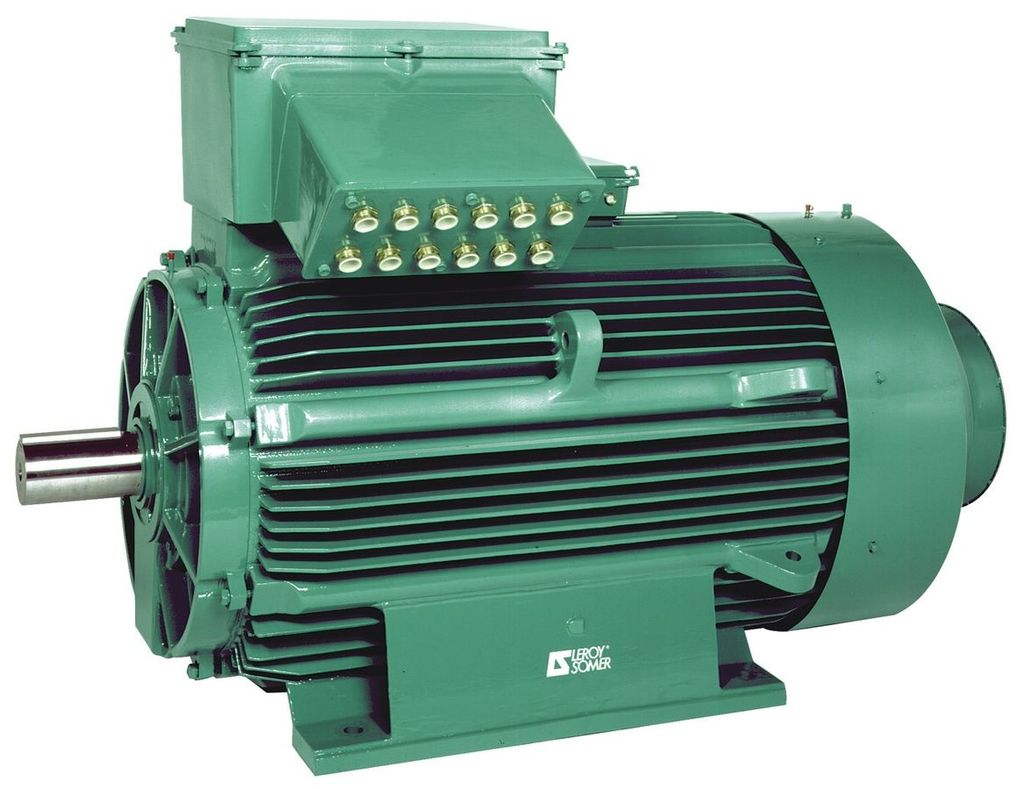 A green, industrial, asynchronous AC motor shown from the side