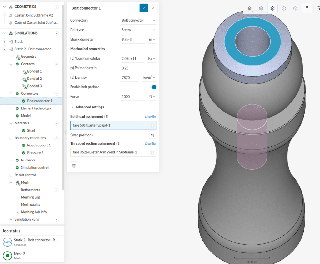 In SimScale workbench, a bolt Connector feature applied to a pipe flange with a “screw” type