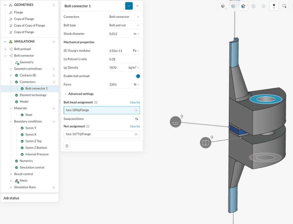 On a SimScale workbench, a bolt Connector feature applied to a pipe flange with a “Bolt and nut” type