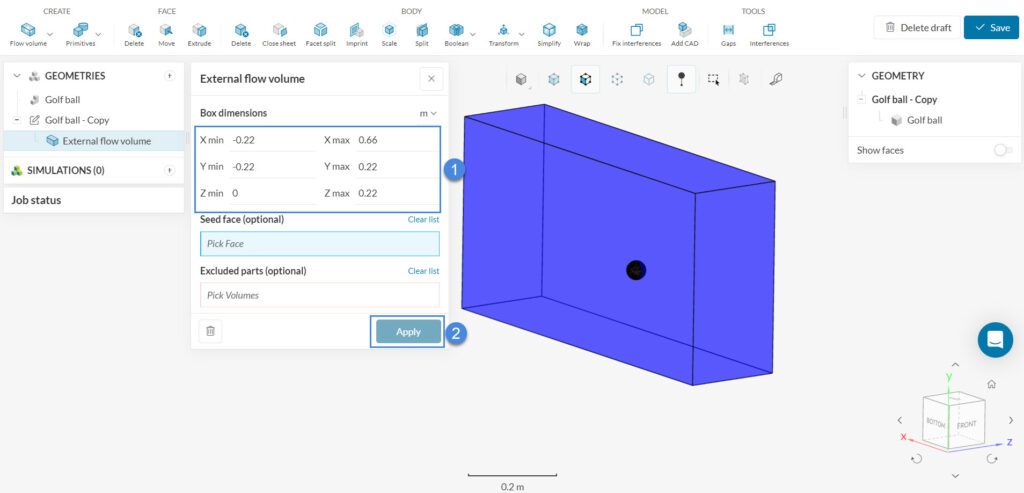 the sizing and seed face for the enclosure creation around a golf ball