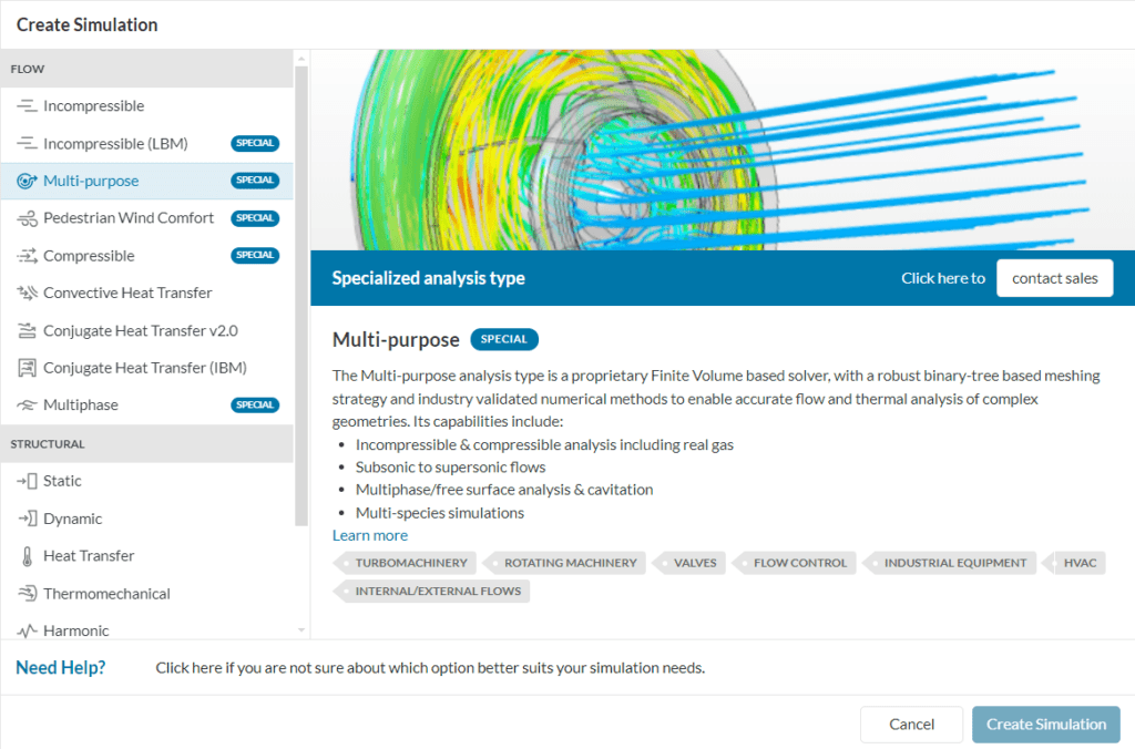 lists of analysis types available in simscale