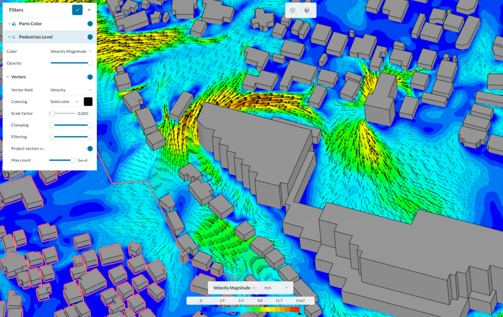 Velocity field vector visualization for pedestrian wind comfort (PWC) in SimScale