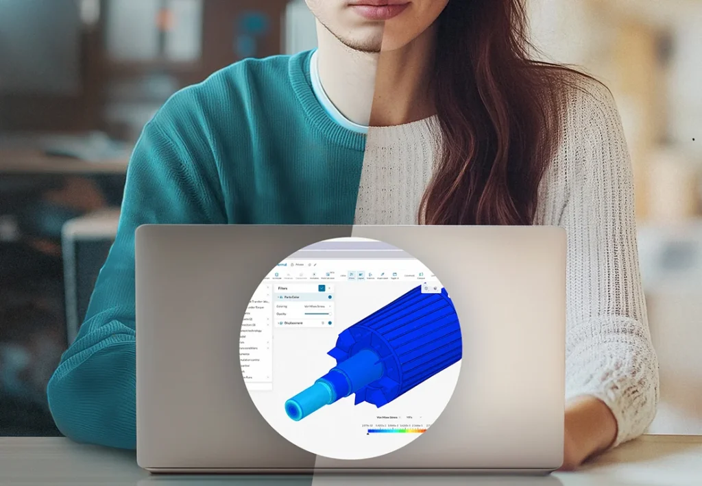 An image split in half, left side showing a simulation expert, and right side showing an engineer, both working on a laptop with an overlaid SimScale platform screenshot