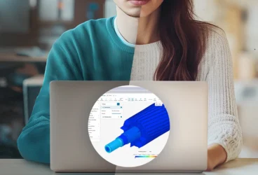 An image split in half, left side showing a simulation expert, and right side showing an engineer, both working on a laptop with an overlaid SimScale platform screenshot