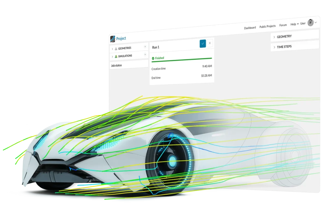 A futuristic car with CFD simulation lines around it as it comes out of a SimScale workbench showing SimScale's AI-powered simulation capabilities for the automotive industry