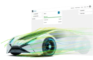 A futuristic car with CFD simulation lines around it as it comes out of a SimScale workbench showing SimScale's automotive simulation capabilities