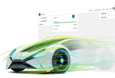 A futuristic car with CFD simulation lines around it as it comes out of a SimScale workbench showing SimScale's automotive simulation capabilities