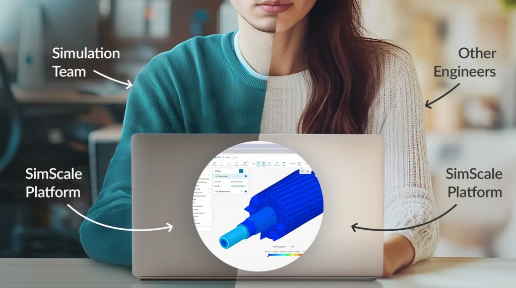 An image split in half, left side showing a simulation expert, and right side showing an engineer, both working on a laptop with an overlaid SimScale platform screenshot