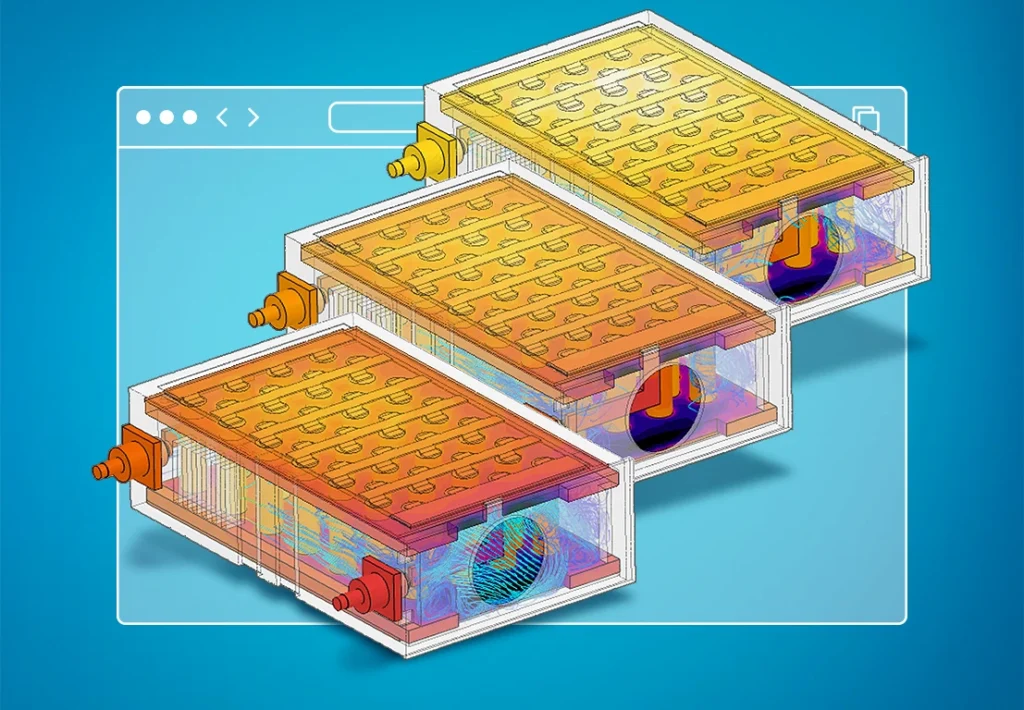 Three simulation images of EV batteries in SimScale