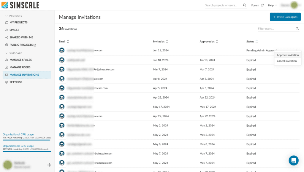 approve cancel user invite organization account simscale