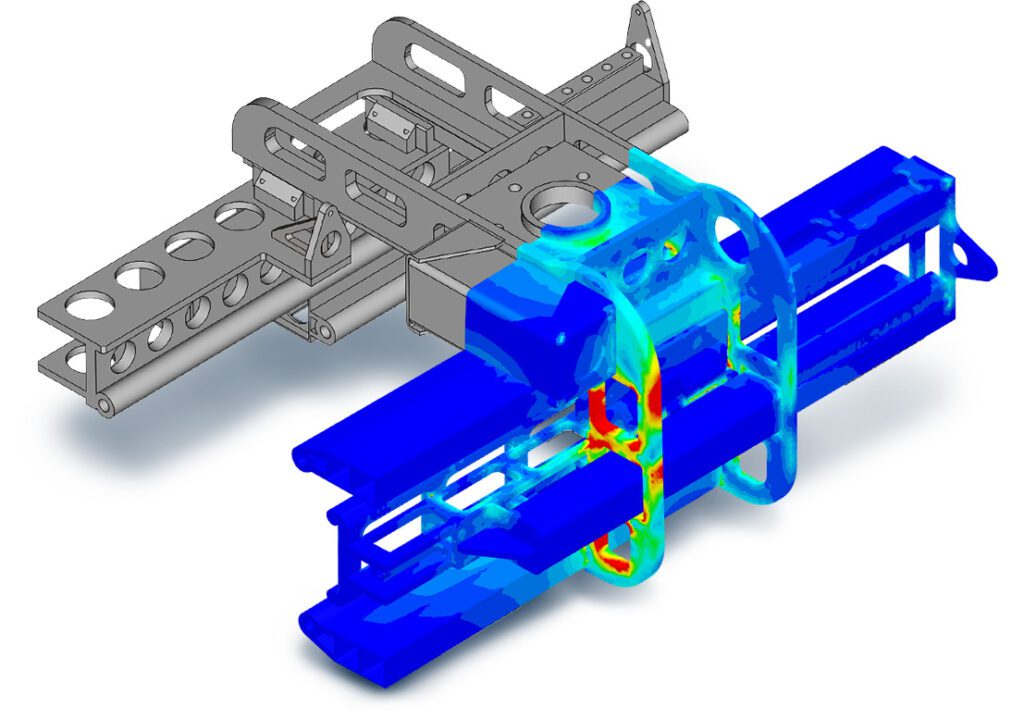 Robotic gripper CAD with overlaid simulation results in SimScale