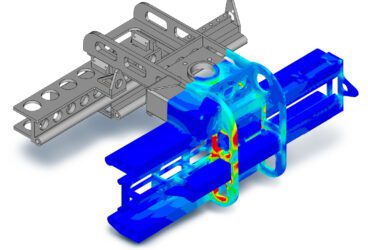 Robotic gripper CAD with overlaid simulation results in SimScale