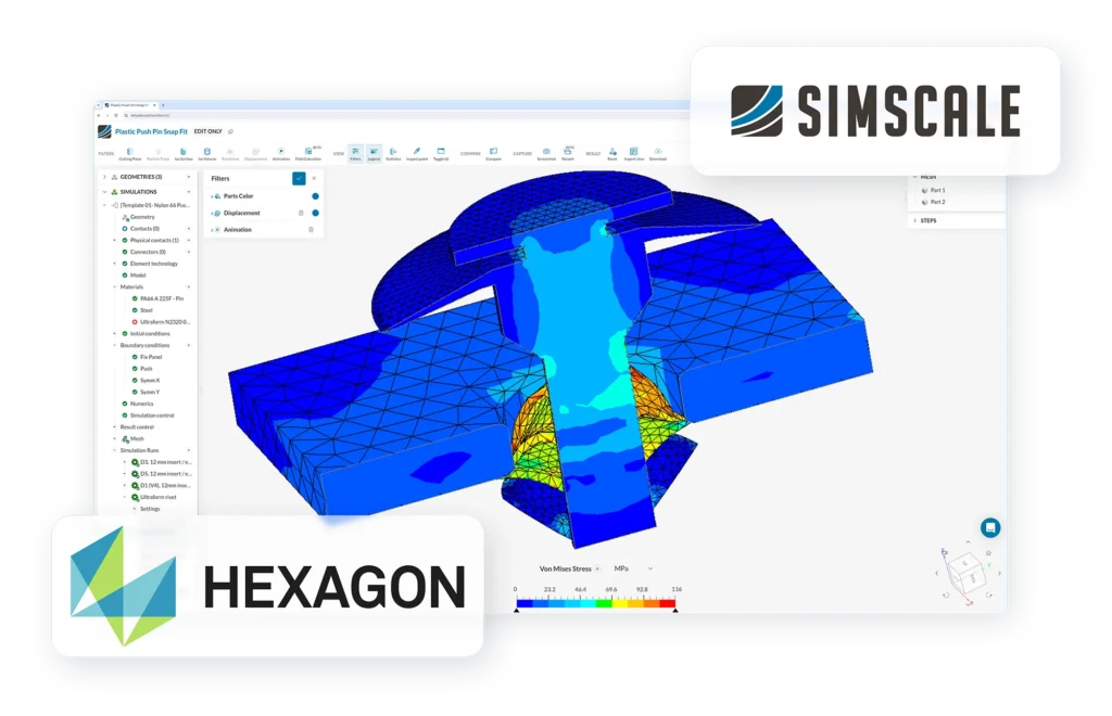 Simulation image in a browser with SImScale and Hexagon's logos showing the new product partnership