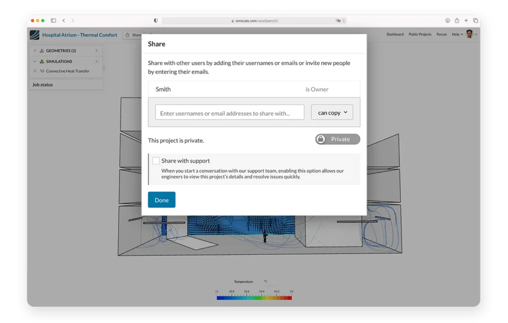 The "Share" window in SimScale showing how to share a project with other users