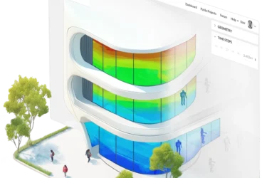 A futuristic building with indoor airflow simulation gradient showing HVAC design analysis as it comes out of a SimScale workbench in the background