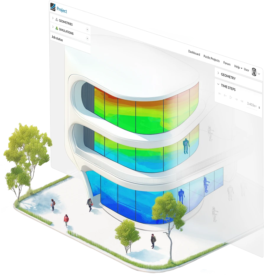 A futuristic building with indoor airflow simulation gradient showing HVAC design analysis as it comes out of a SimScale workbench in the background