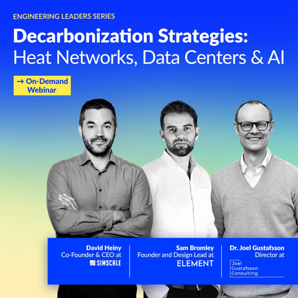 Webinar social media image, titled "Accelerate Decarbonization: AI-Driven Solutions for Heat Networks and Data Centers" with the three speakers placed standing next to one another