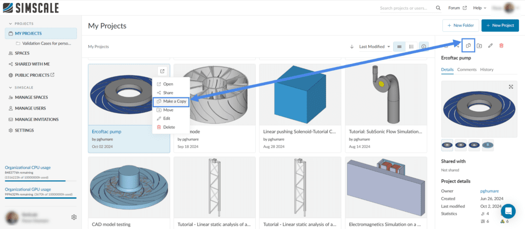 how to copy a simulation project within the simscale simulation platform