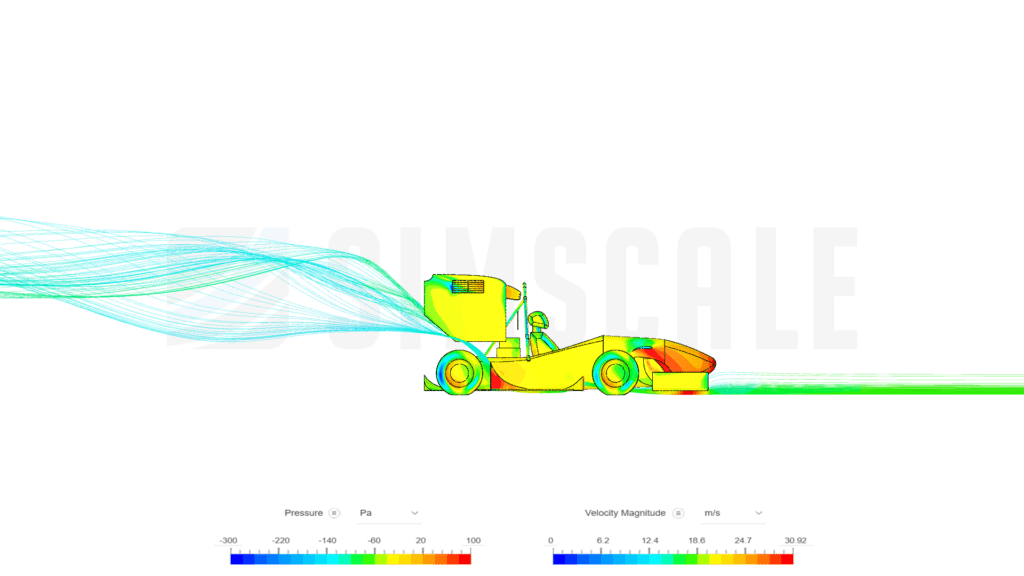 Pressure Contours and Velocity Particle Traces on a Formula Student car in SimScale