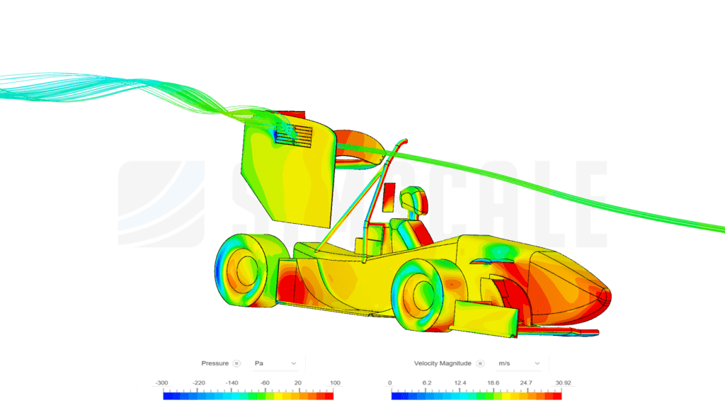 Pressure Contours and Velocity Particle Traces on a Formula Student car in SimScale